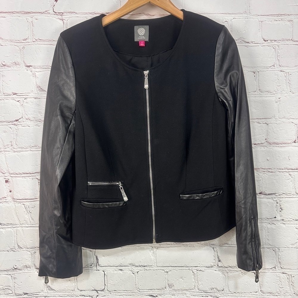 Vince Camuto women’s jacket blazer size 12, black zippered, leather stretchy